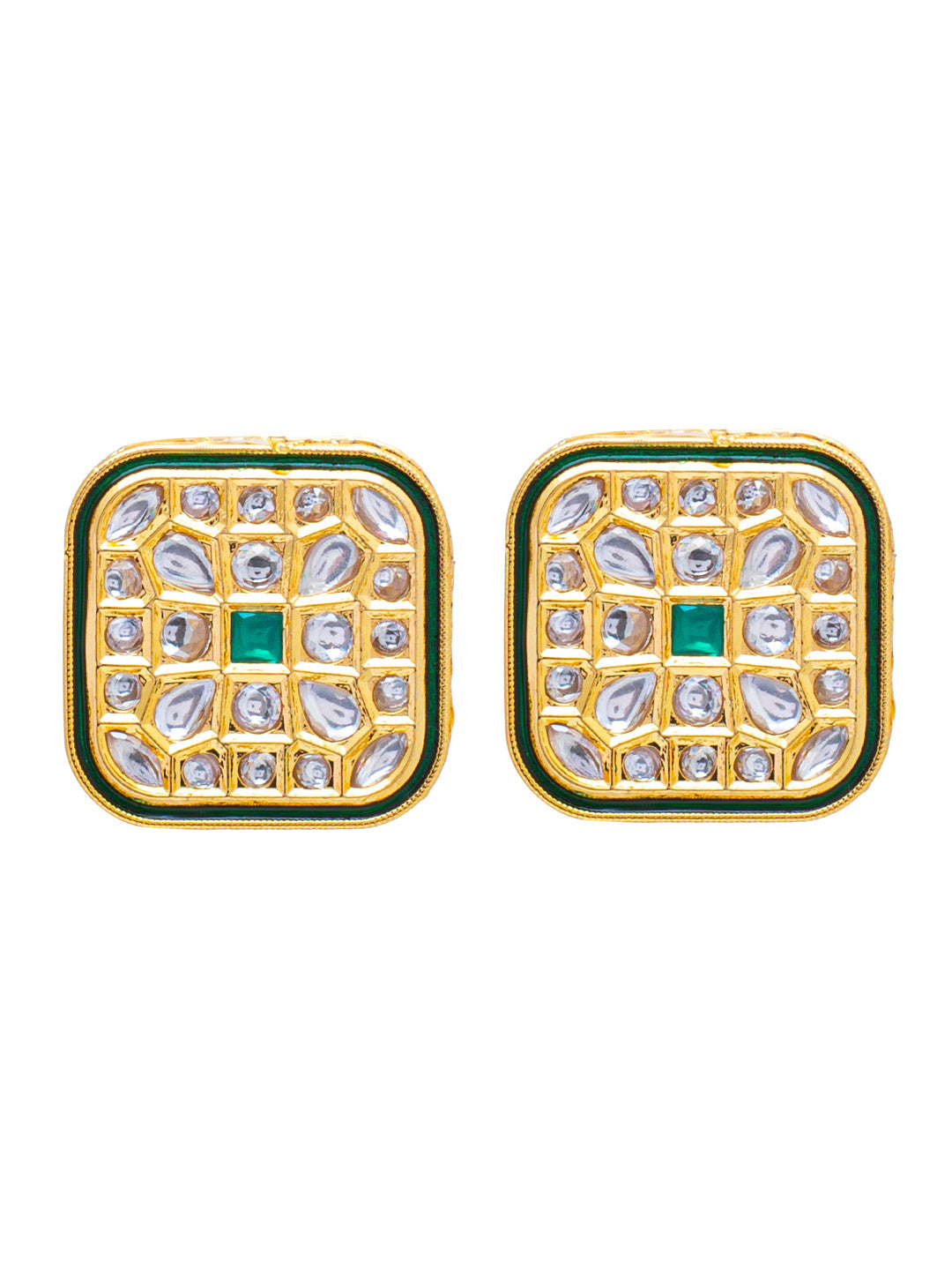 Shining Jewel Traditional Indian Gold Plated Large Square Design Kundan, LCT, Pearls and CZ studded Traditonal Kundan Polki Ethnic Stud Eaarrings for Women (SJE_08_G)