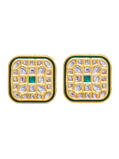 Shining Jewel Traditional Indian Gold Plated Large Square Design Kundan, LCT, Pearls and CZ studded Traditonal Kundan Polki Ethnic Stud Eaarrings for Women (SJE_08_G)
