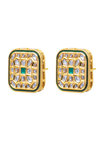 Shining Jewel Traditional Indian Gold Plated Large Square Design Kundan, LCT, Pearls and CZ studded Traditonal Kundan Polki Ethnic Stud Eaarrings for Women (SJE_08_G)