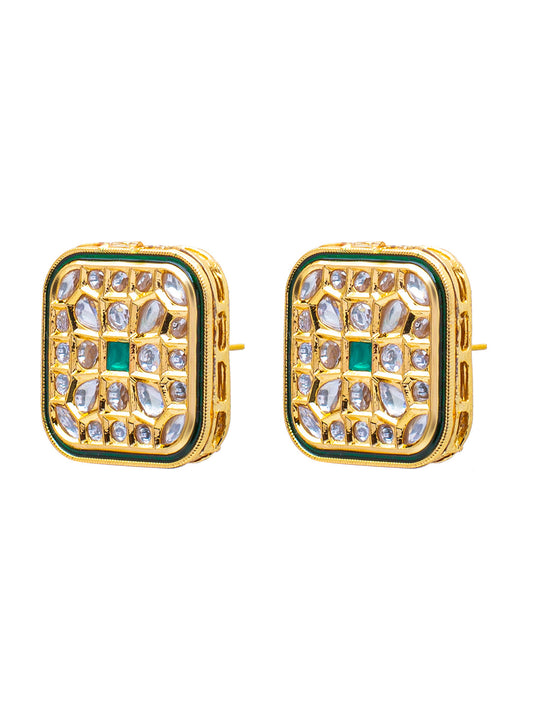 Shining Jewel Traditional Indian Gold Plated Large Square Design Kundan, LCT, Pearls and CZ studded Traditonal Kundan Polki Ethnic Stud Eaarrings for Women (SJE_08_G)