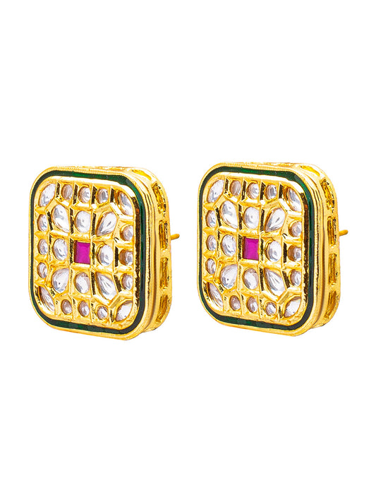 Shining Jewel Traditional Indian Gold Plated Large Square Design Kundan, LCT, Pearls and CZ studded Traditonal Kundan Polki Ethnic Stud Eaarrings for Women (SJE_08_M)