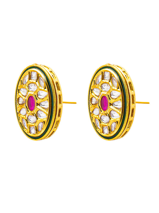 Shining Jewel Traditional Indian Gold Plated Large Oval Shape Design Kundan, LCT, Pearls and CZ studded Traditonal Kundan Polki Ethnic Stud Eaarrings for Women (SJE_09)
