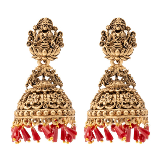 Traditional Indian Matte Gold Oxidised CZ Crystal Studded Temple Jhumka Earring For Women - Gold Maroon (SJE_100_G_M)