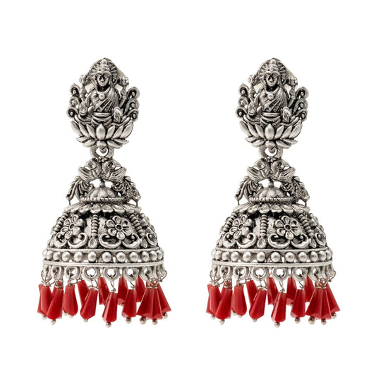Traditional Indian Matte Silver Oxidised CZ Crystal Studded Temple Jhumka Earring For Women - Silver Maroon (SJE_100_S_M)