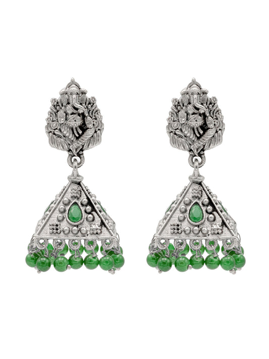 Traditional Indian Matte Silver Oxidised CZ Crystal Studded Temple Jhumka Earring For Women - Silver Green (SJE_101_S_G)