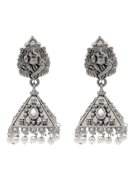 Traditional Indian Matte Silver Oxidised CZ Crystal Studded Temple Jhumka Earring For Women - Silver  White (SJE_101_S_W)