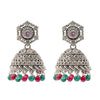 Traditional Indian Matte Silver Oxidised CZ Crystal Studded Jhumka Earring For Women - Silver Ruby Green (SJE_103_S_R_G)