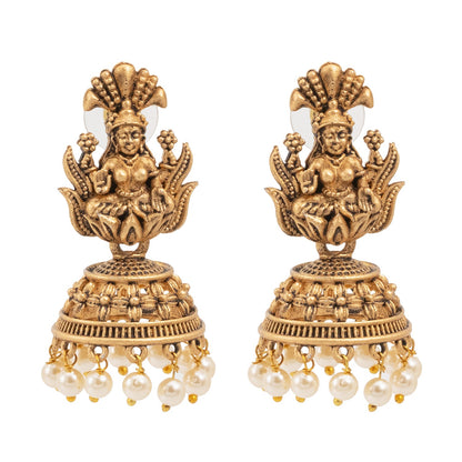 Traditional Indian Matte Gold Oxidised CZ Crystal Studded Temple Jhumka Earring For Women - Gold White (SJE_104_G_W)