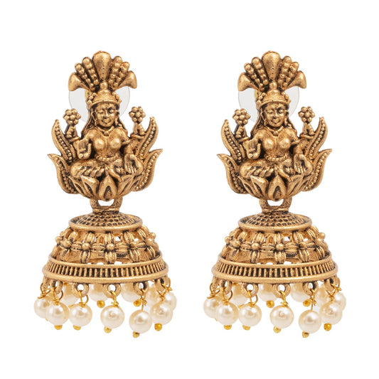 Traditional Indian Matte Gold Oxidised CZ Crystal Studded Temple Jhumka Earring For Women - Gold White (SJE_104_G_W)