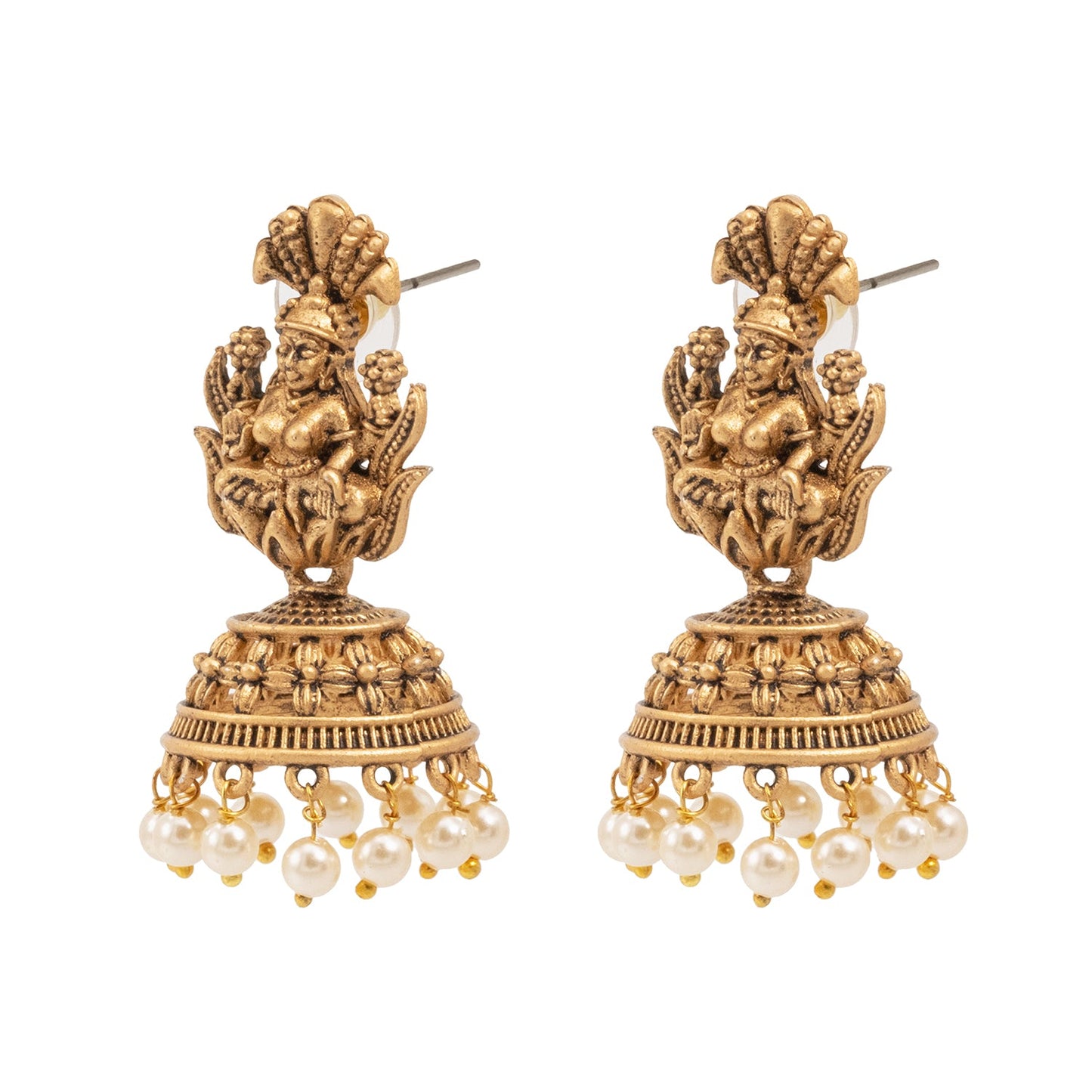 Traditional Indian Matte Gold Oxidised CZ Crystal Studded Temple Jhumka Earring For Women - Gold White (SJE_104_G_W)