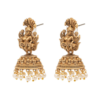 Traditional Indian Matte Gold Oxidised CZ Crystal Studded Temple Jhumka Earring For Women - Gold White (SJE_104_G_W)