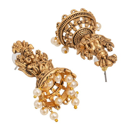 Traditional Indian Matte Gold Oxidised CZ Crystal Studded Temple Jhumka Earring For Women - Gold White (SJE_104_G_W)