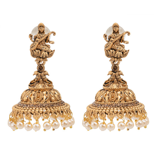 Traditional Indian Matte Gold Oxidised CZ Crystal Studded Temple Jhumka Earring For Women - Gold White (SJE_106_G_W)