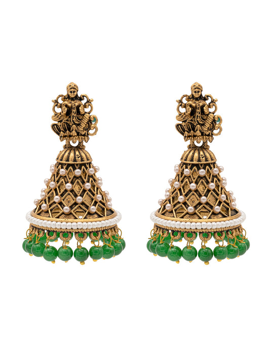 Traditional Indian Matte Gold Oxidised CZ Crystal Studded Temple Jhumka Earring For Women - Gold Green (SJE_108_G_G)