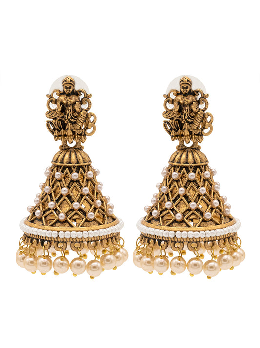 Traditional Indian Matte Silver Oxidised CZ Crystal Studded Temple Jhumka Earring For Women - (SJE_108_G_W)