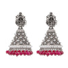 Traditional Indian Matte Silver Oxidised CZ Crystal Studded Temple Jhumka Earring For Women - Silver Maroon (SJE_108_S_M)