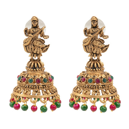 Traditional Indian Matte Gold Oxidised CZ Crystal Studded Temple Jhumka Earring For Women-Gold Green Ruby (SJE_109_G_G_R)