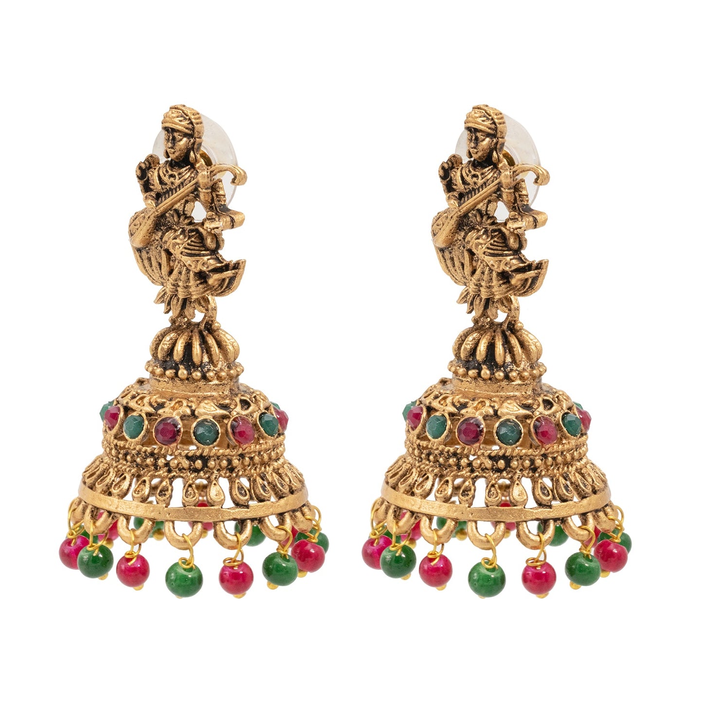 Traditional Indian Matte Gold Oxidised CZ Crystal Studded Temple Jhumka Earring For Women-Gold Green Ruby (SJE_109_G_G_R)