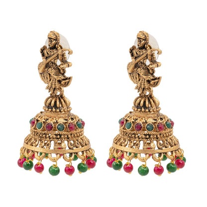 Traditional Indian Matte Gold Oxidised CZ Crystal Studded Temple Jhumka Earring For Women-Gold Green Ruby (SJE_109_G_G_R)
