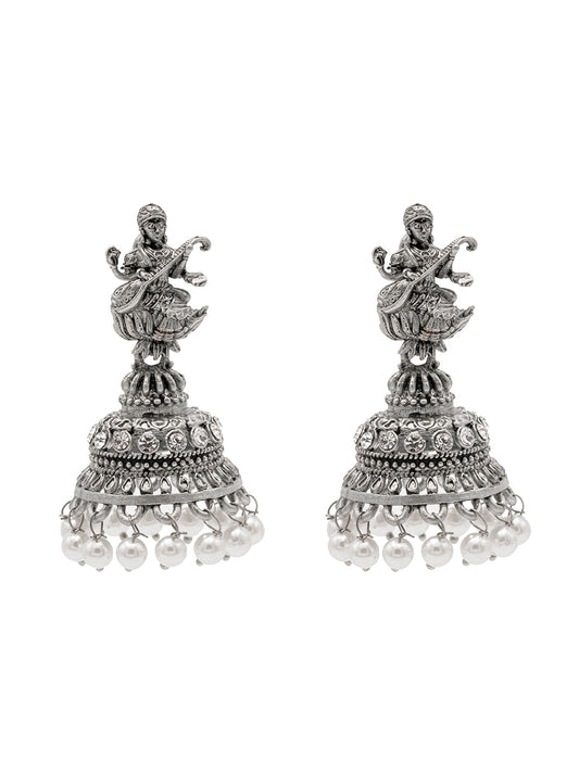 Traditional Indian Matte Silver Oxidised CZ Crystal Studded Temple Jhumka Earring For Women-Silver White (SJE_109_S_W)