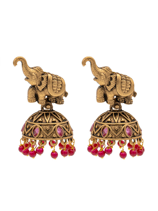 Traditional Indian Matte Gold Oxidised CZ Crystal Studded Elephant Jhumka Earring For Women - Gold Maroon (SJE_110_G_M)