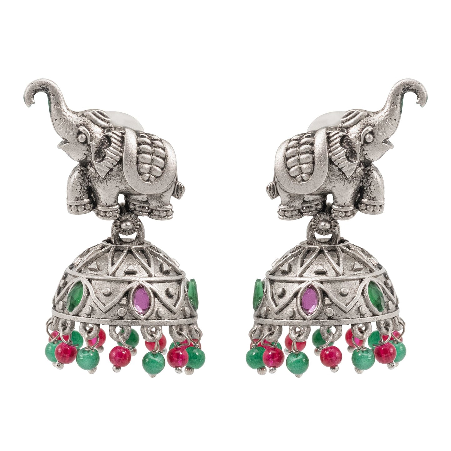 Traditional Indian Matte Silver Oxidised CZ Crystal Studded Elephant Jhumka Earring For Women - Silver Ruby Green (SJE_110_S_R_G)