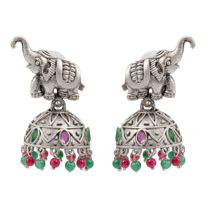 Traditional Indian Matte Silver Oxidised CZ Crystal Studded Elephant Jhumka Earring For Women - Silver Ruby Green (SJE_110_S_R_G)