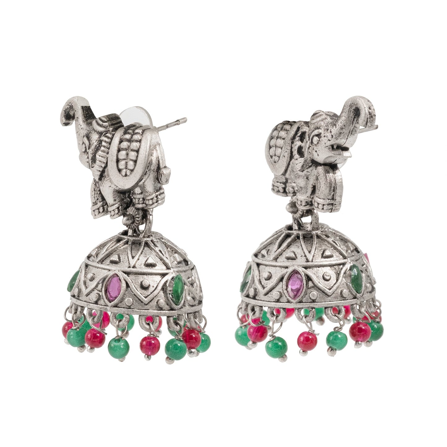 Traditional Indian Matte Silver Oxidised CZ Crystal Studded Elephant Jhumka Earring For Women - Silver Ruby Green (SJE_110_S_R_G)