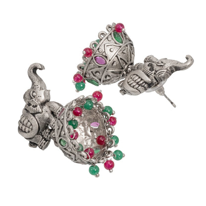 Traditional Indian Matte Silver Oxidised CZ Crystal Studded Elephant Jhumka Earring For Women - Silver Ruby Green (SJE_110_S_R_G)