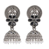 Traditional Indian Matte Silver Oxidised CZ Crystal Studded Flower Jhumka Earring For Women - Silver Black (SJE_116_S_BK)