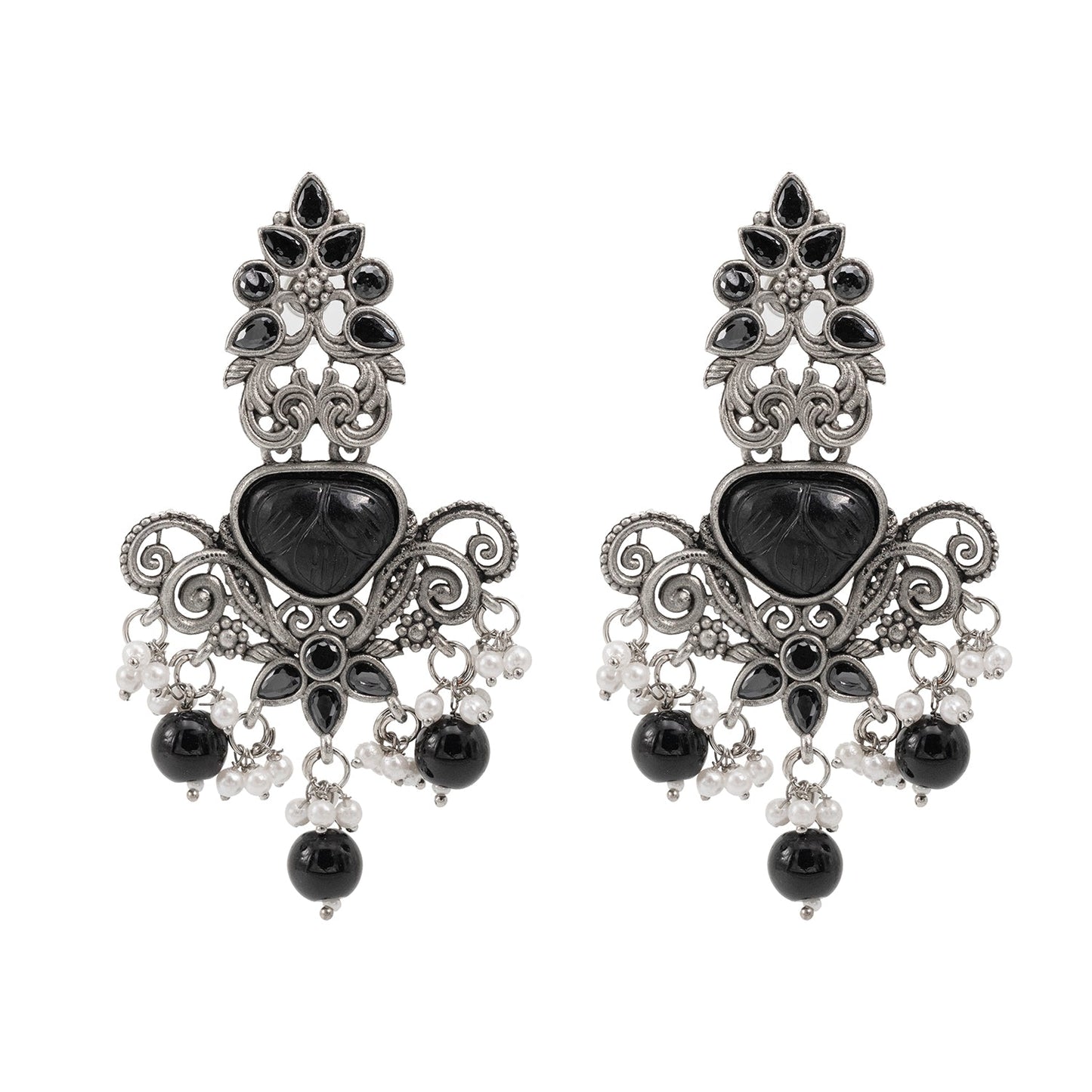 Traditional Indian Matte Silver Oxidised CZ Crystal Studded Drop Earring For Women - Silver Black (SJE_118_S_BK)