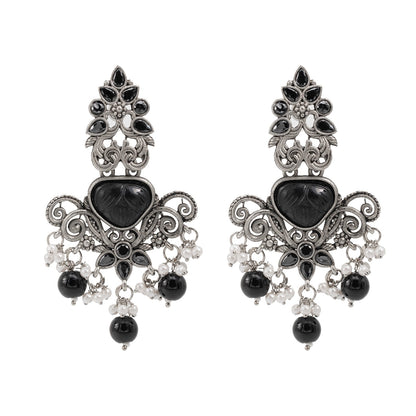 Traditional Indian Matte Silver Oxidised CZ Crystal Studded Drop Earring For Women - Silver Black (SJE_118_S_BK)