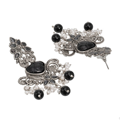 Traditional Indian Matte Silver Oxidised CZ Crystal Studded Drop Earring For Women - Silver Black (SJE_118_S_BK)