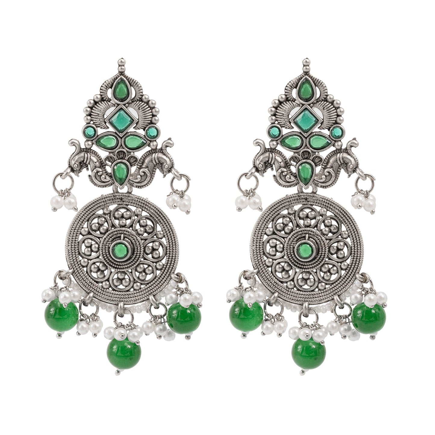 Traditional Indian Matte Silver Oxidised CZ Crystal Studded Drop Earring For Women - Silver Green (SJE_119_S_G)