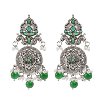Traditional Indian Matte Silver Oxidised CZ Crystal Studded Drop Earring For Women - Silver Green (SJE_119_S_G)
