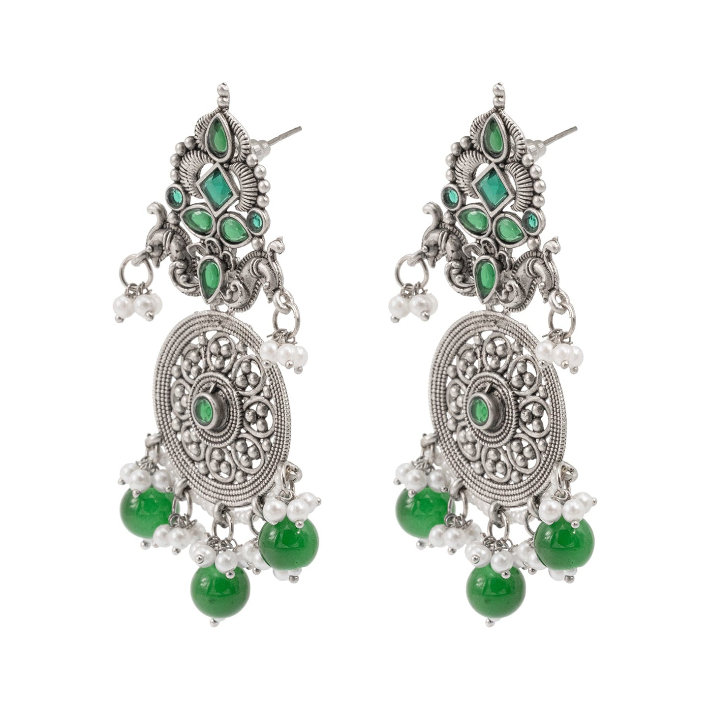 Traditional Indian Matte Silver Oxidised CZ Crystal Studded Drop Earring For Women - Silver Green (SJE_119_S_G)