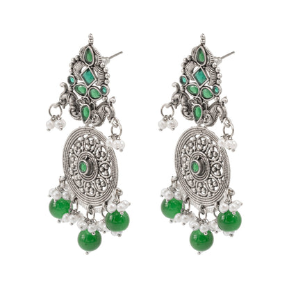 Traditional Indian Matte Silver Oxidised CZ Crystal Studded Drop Earring For Women - Silver Green (SJE_119_S_G)