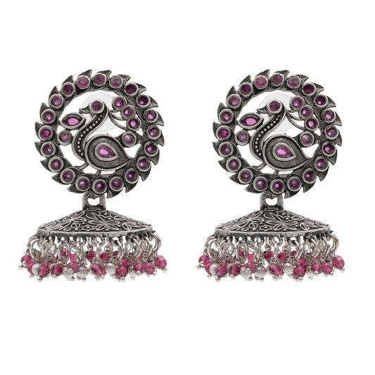 Traditional Indian Matte Silver Oxidised CZ Crystal Studded Peacock Jhumka Earring For Women - Silver Maroon (SJE_123_S_M)