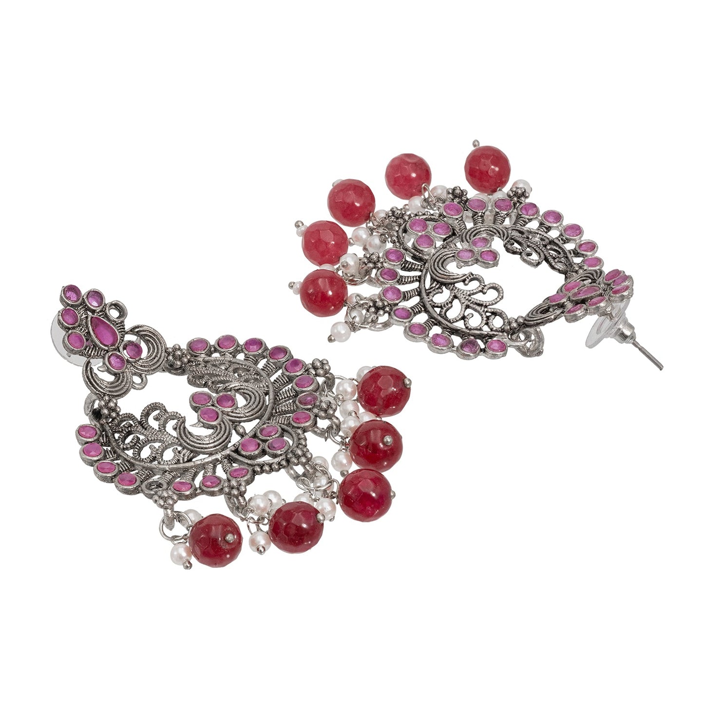 Traditional Indian Matte Silver Oxidised CZ  Crystal Studded Chand Bali Earring For Women -Silver Maroon (SJE_127_S_M)