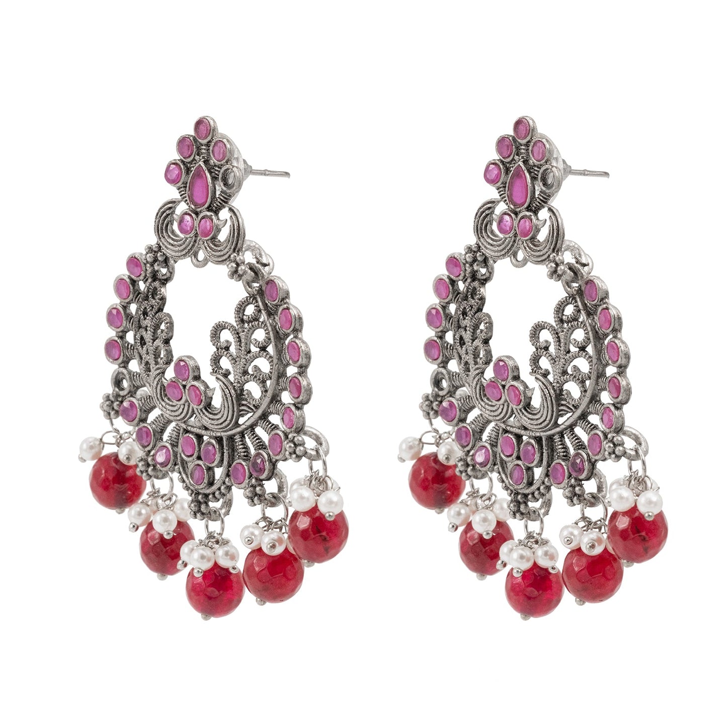 Traditional Indian Matte Silver Oxidised CZ  Crystal Studded Chand Bali Earring For Women -Silver Maroon (SJE_127_S_M)