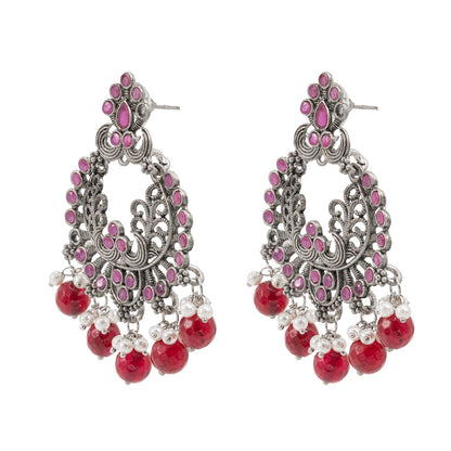 Traditional Indian Matte Silver Oxidised CZ  Crystal Studded Chand Bali Earring For Women -Silver Maroon (SJE_127_S_M)