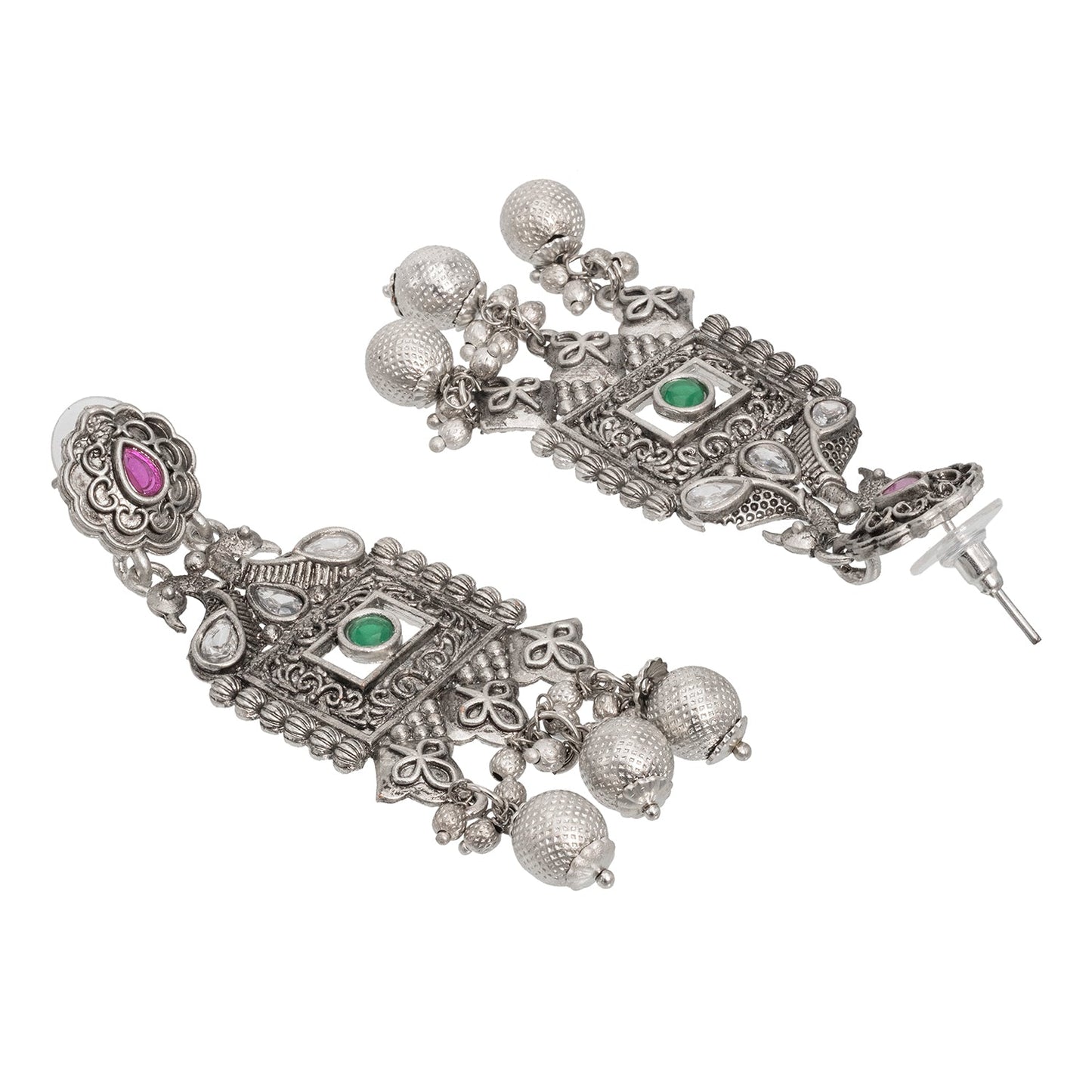 Traditional Indian Matte Silver Oxitised CZ  Crystal Studded Drop Earring For Women - Silver Maroon (SJE_135_S_M)