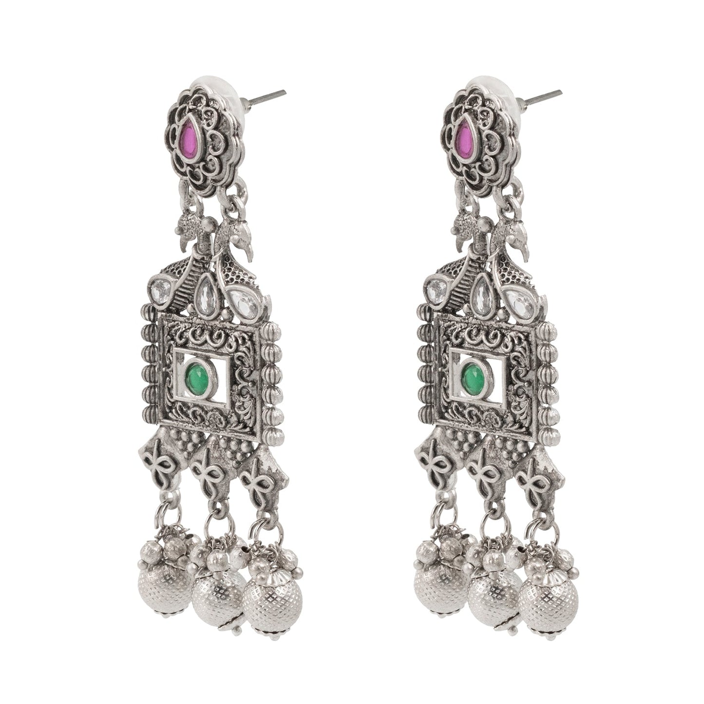Traditional Indian Matte Silver Oxitised CZ  Crystal Studded Drop Earring For Women - Silver Maroon (SJE_135_S_M)
