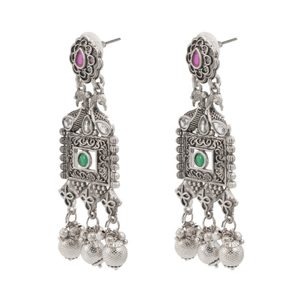 Traditional Indian Matte Silver Oxitised CZ  Crystal Studded Drop Earring For Women - Silver Maroon (SJE_135_S_M)