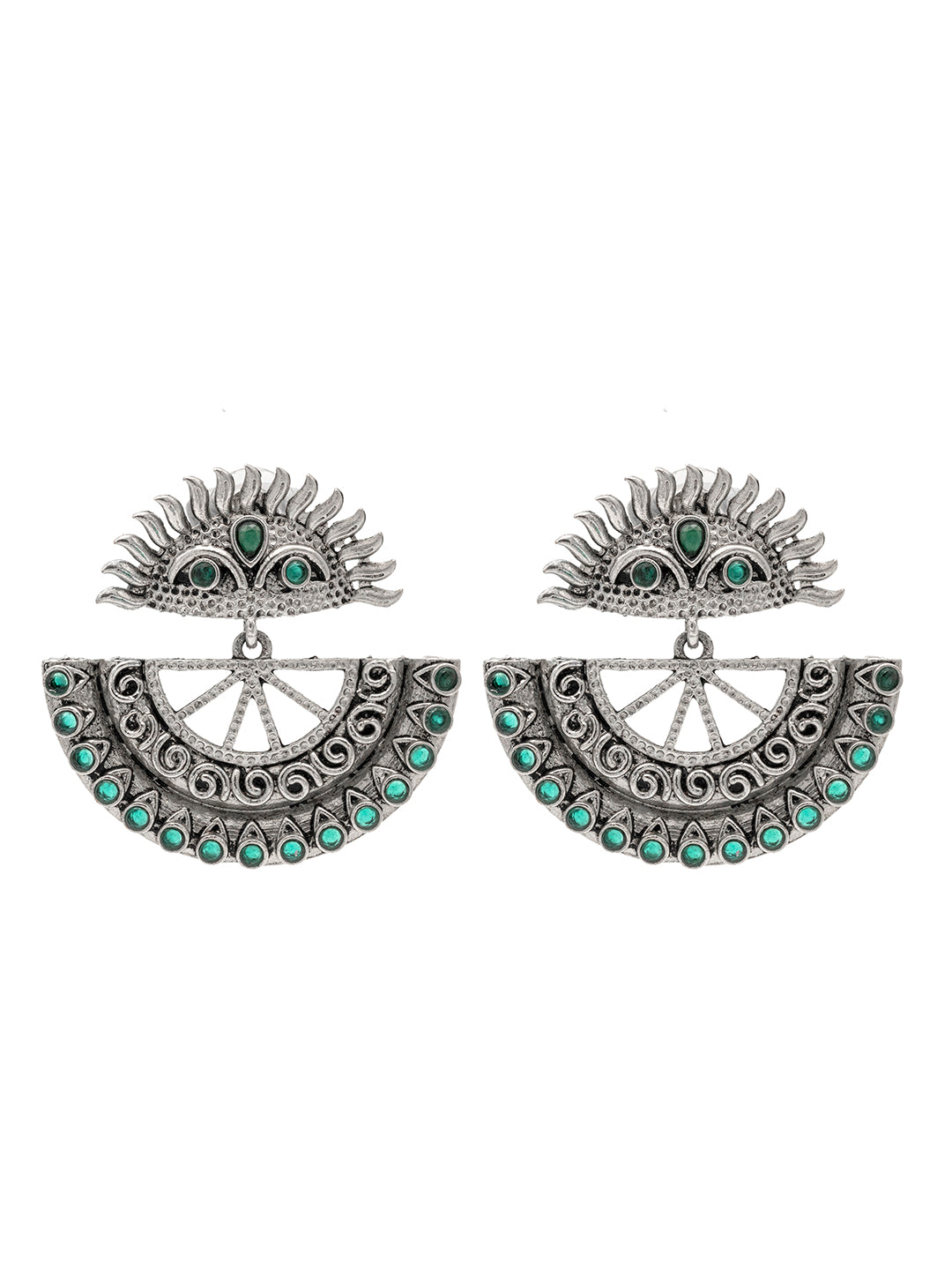Traditional Indian Matte Silver Oxitised CZ Crystal Studded Drop Earring For Women - Silver Green (SJE_138_S_G)