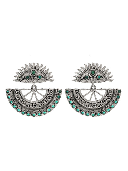 Traditional Indian Matte Silver Oxitised CZ Crystal Studded Drop Earring For Women - Silver Green (SJE_138_S_G)