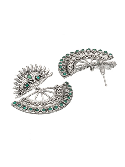 Traditional Indian Matte Silver Oxitised CZ Crystal Studded Drop Earring For Women - Silver Green (SJE_138_S_G)