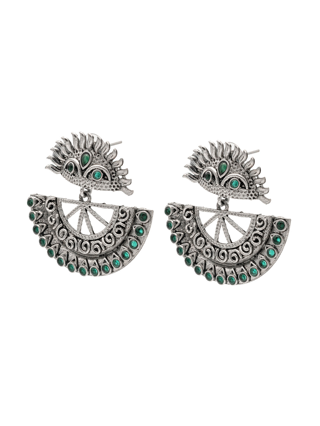 Traditional Indian Matte Silver Oxitised CZ Crystal Studded Drop Earring For Women - Silver Green (SJE_138_S_G)