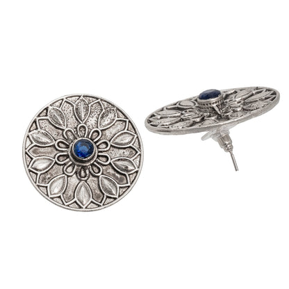 Traditional Indian Matte Silver Oxitised CZ Crystal Studded Motif Stud Earring For Women - Silver Blue (SJE_139_S_BL)
