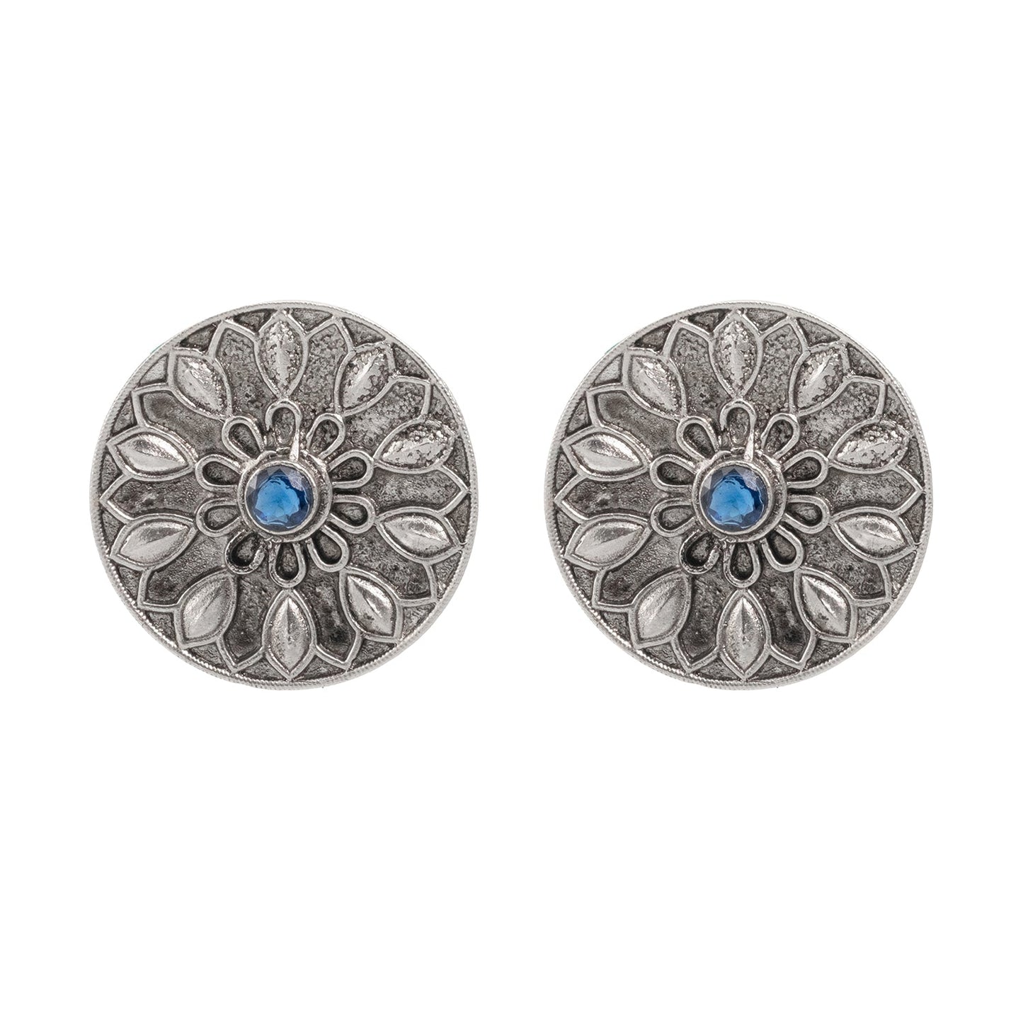 Traditional Indian Matte Silver Oxitised CZ Crystal Studded Motif Stud Earring For Women - Silver Blue (SJE_139_S_BL)